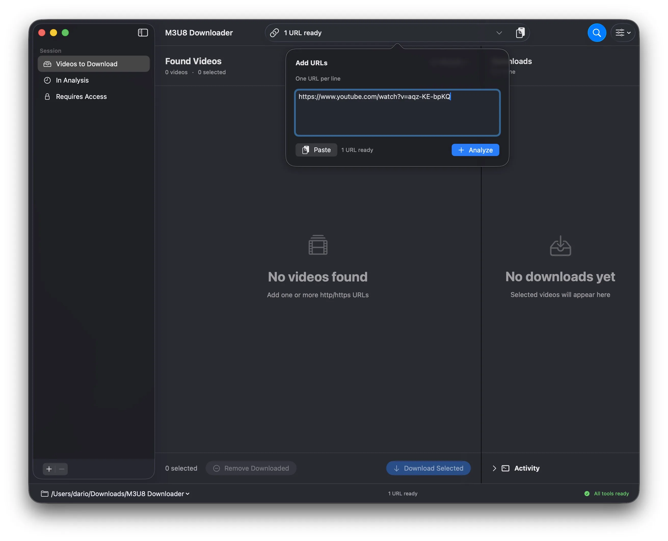 Finestra di M3U8 Downloader per aggiungere uno o più URL video