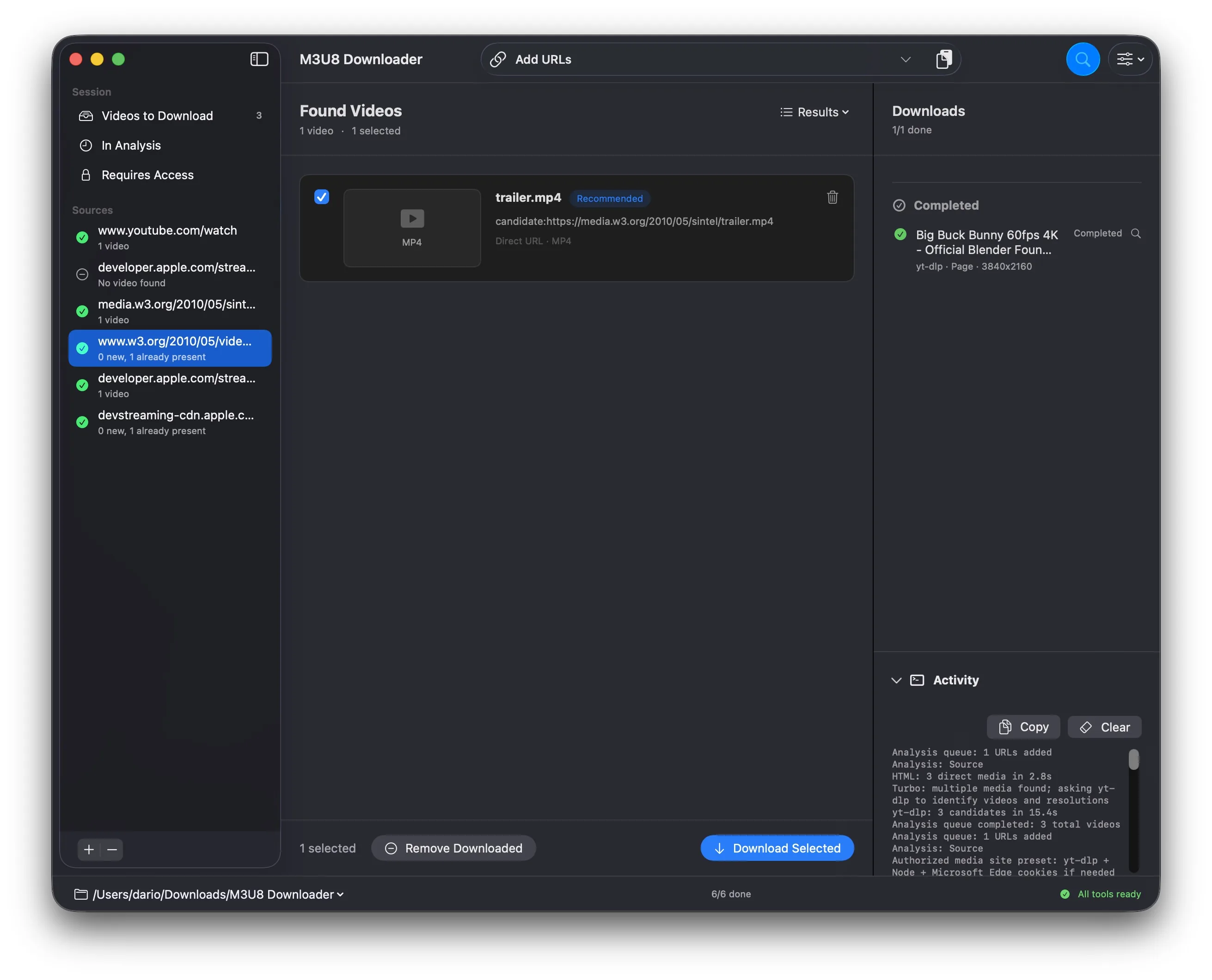 M3U8 Downloader mostra una sorgente MP4 diretta e il registro attività