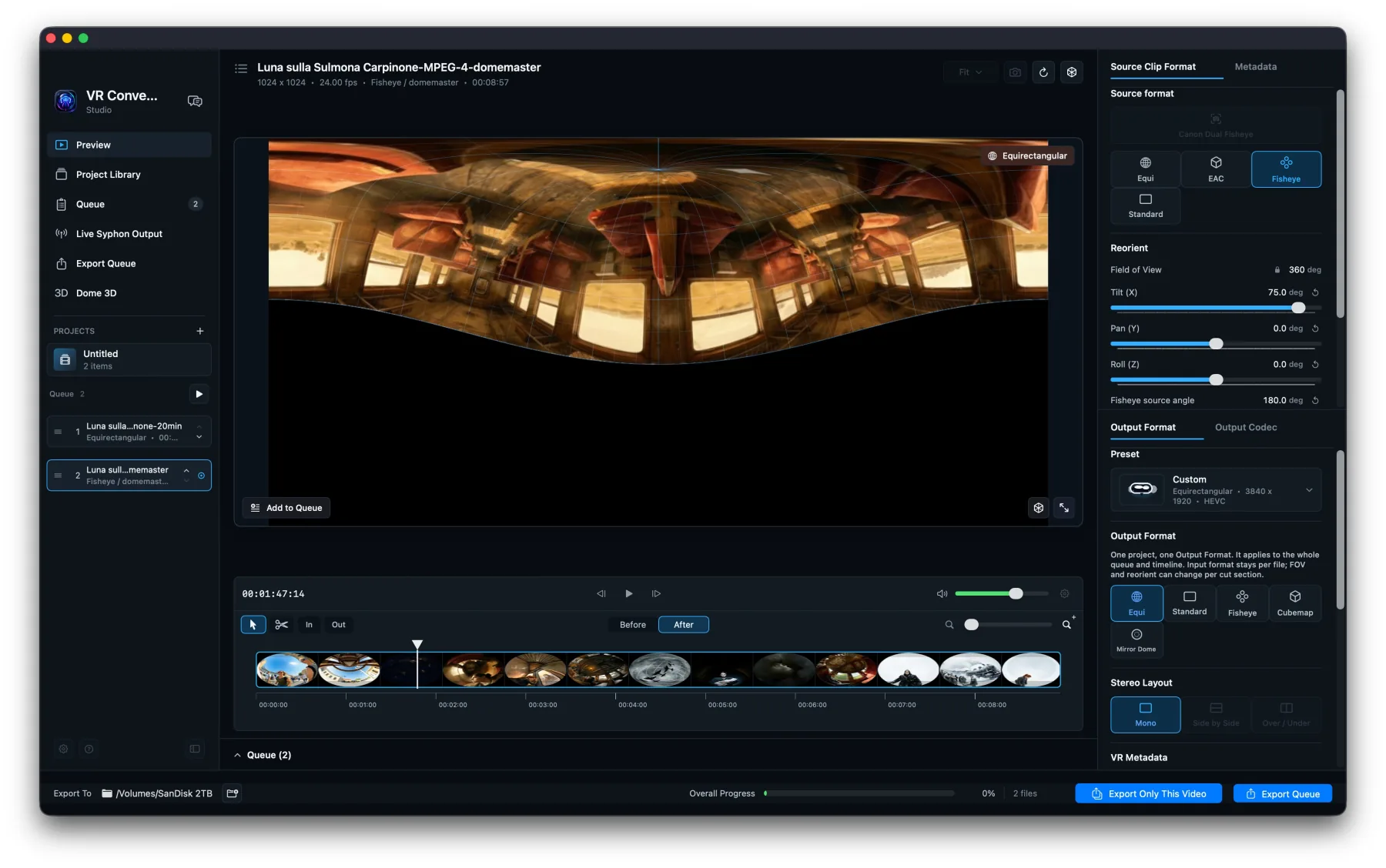 VR Converter Studio mostra un video equirettangolare convertito da una sorgente fisheye