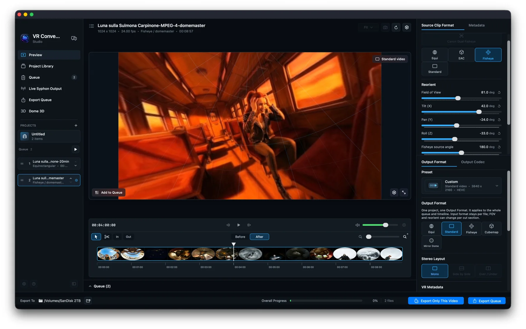VR Converter Studio converte un video fisheye domemaster in video standard su Mac
