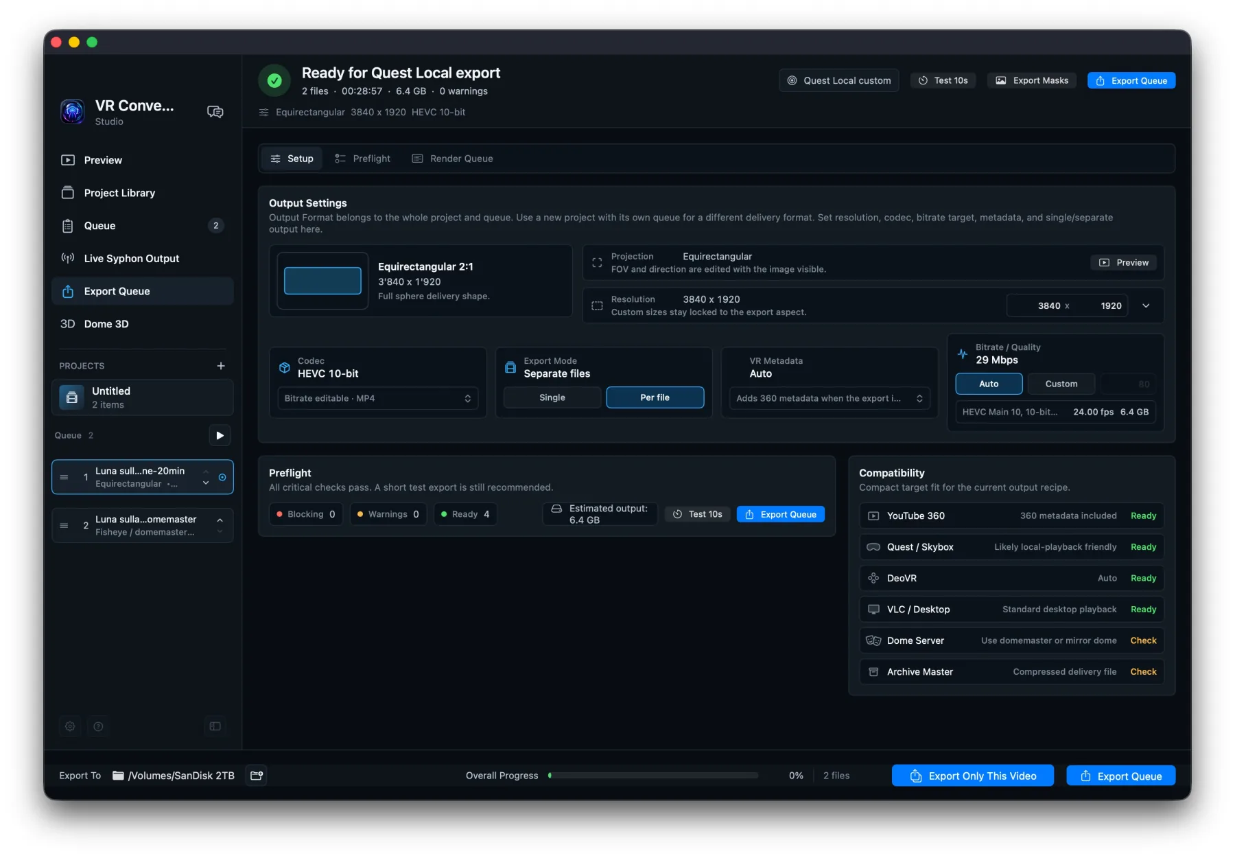 VR Converter Studio configura un preset equirettangolare per Meta Quest 3