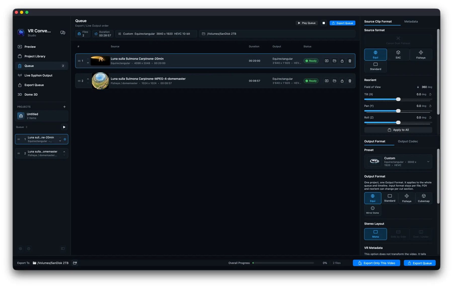 VR Converter Studio organizza sorgenti equirettangolari e fisheye in coda per l’export