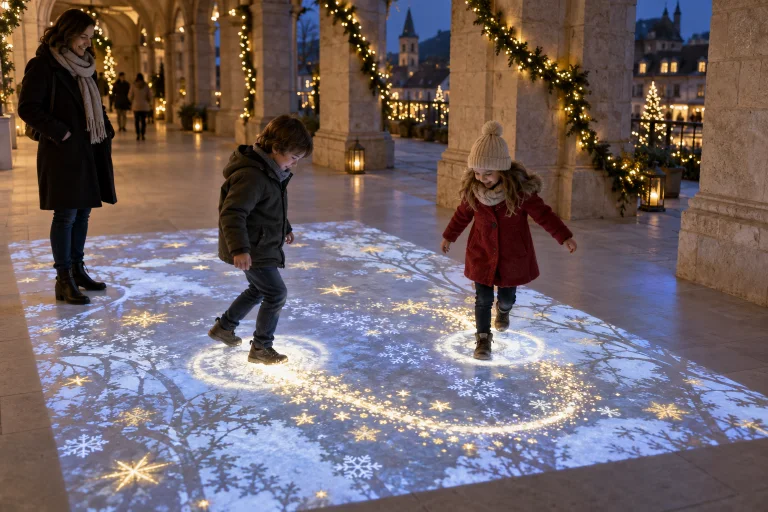 Illustrazione di bambini che aprono sentieri nella neve proiettata sotto un portico.