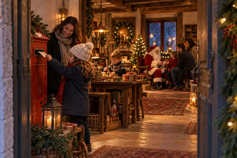 Illustrazione della Casa di Babbo Natale con posta, laboratorio e incontro con le famiglie.