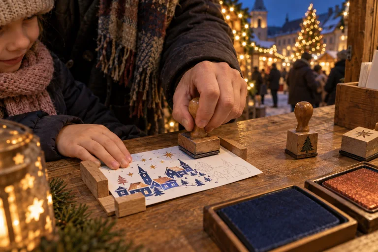 Illustrazione di una cartolina con un disegno natalizio da completare con timbri successivi.
