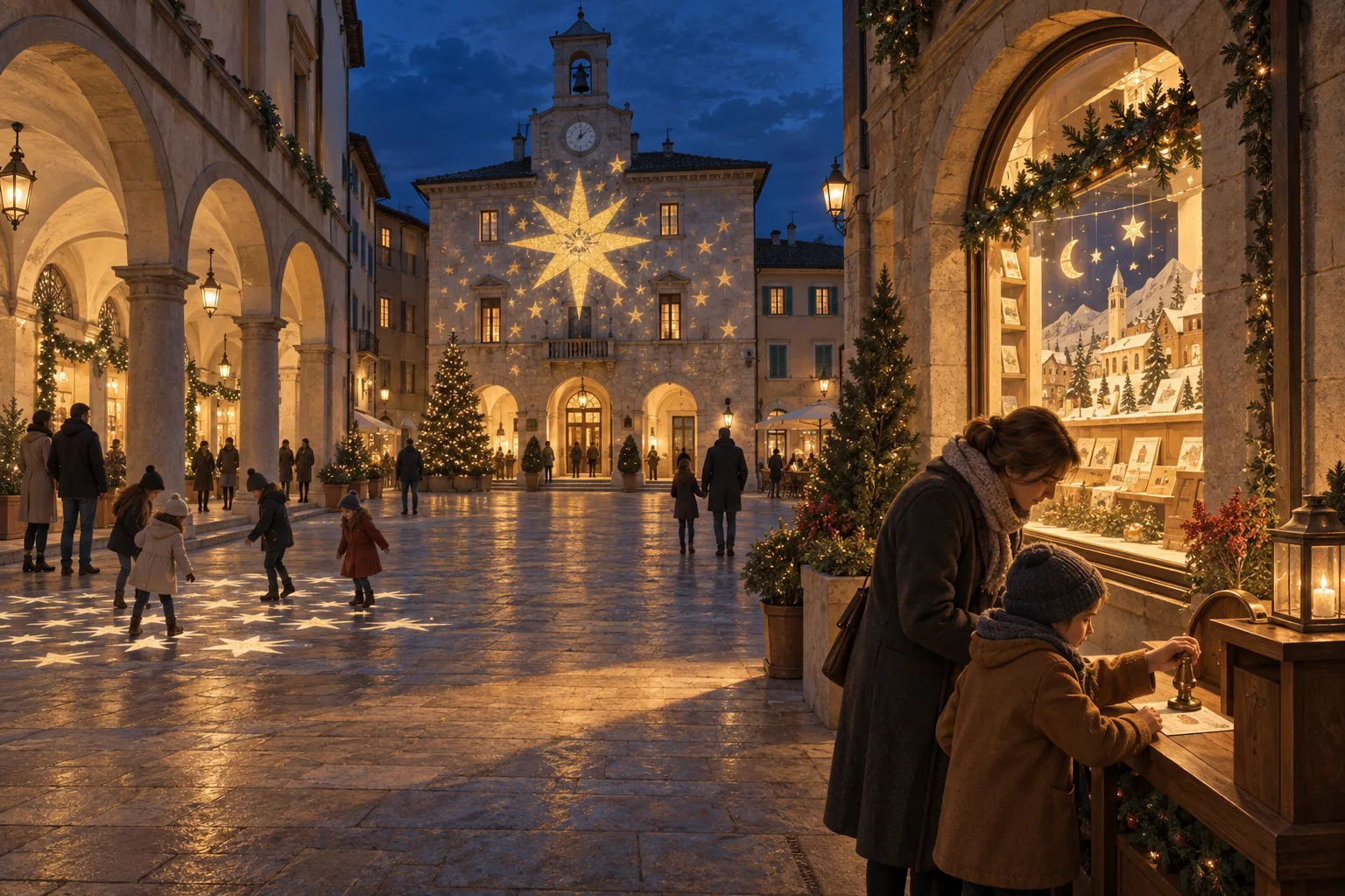 Concept di una piazza natalizia con cartolina da timbrare, gioco proiettato sotto i portici e racconto luminoso sulla facciata