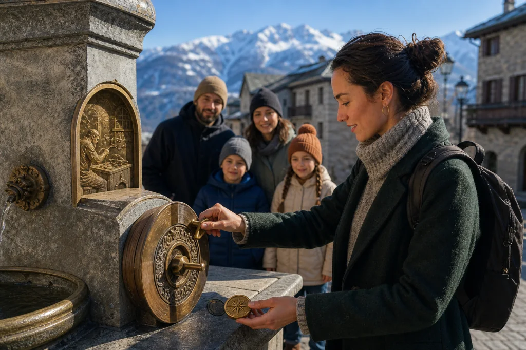 Una visitatrice usa la StoryKey per azionare una tappa interattiva presso la fontana del borgo