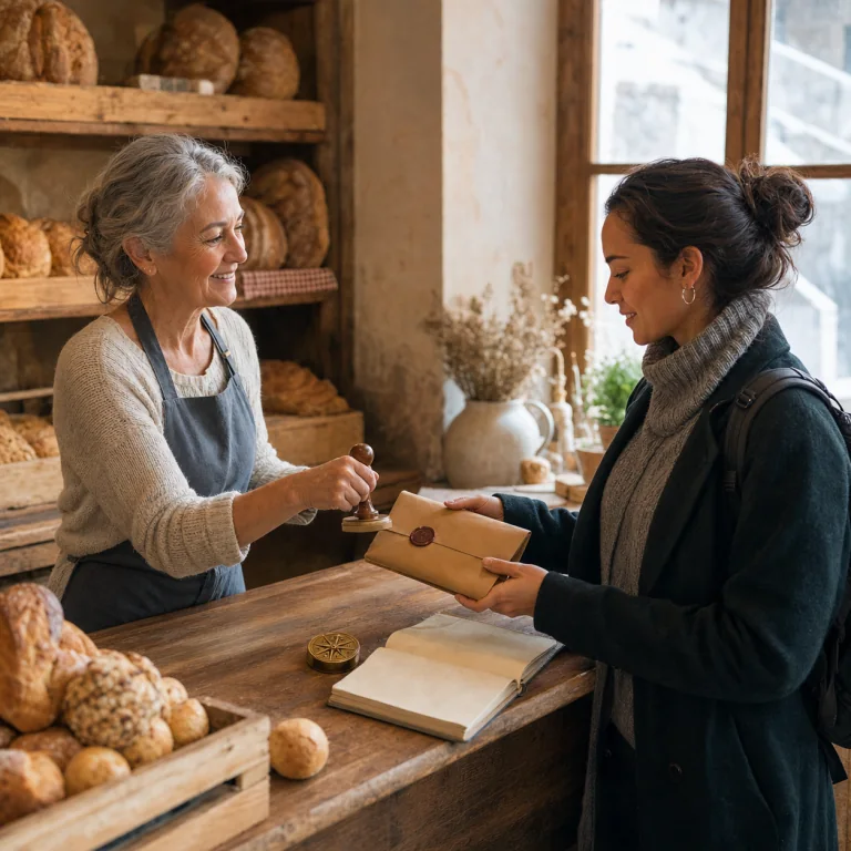 Una panettiera consegna alla visitatrice un indizio sigillato necessario per continuare la storia