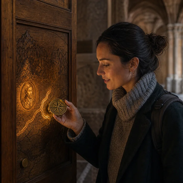 Una visitatrice usa la StoryKey per rivelare una mappa nascosta in un pannello di legno