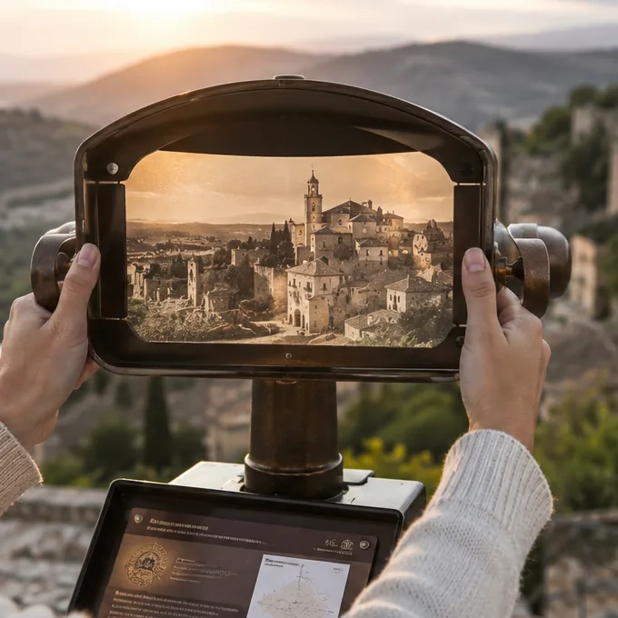 Primo piano del binocolo temporale che sovrappone il borgo storico al paesaggio presente