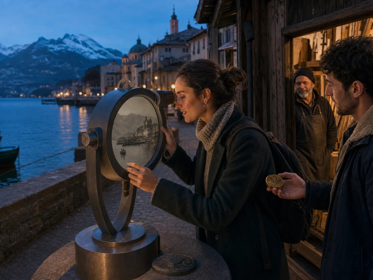 Una visitatrice osserva dal binocolo temporale il paesaggio storico affacciato sul lago