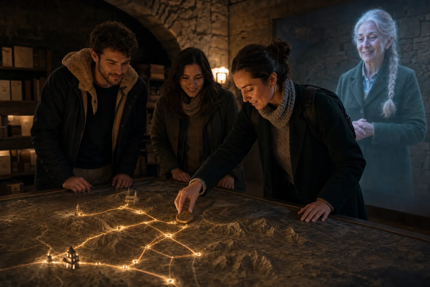 Una visitatrice e il suo gruppo ricompongono gli indizi su una grande mappa nel finale della storia