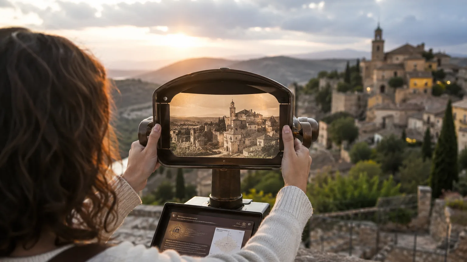 Una visitatrice osserva il borgo del passato attraverso il binocolo temporale di Experience Passport
