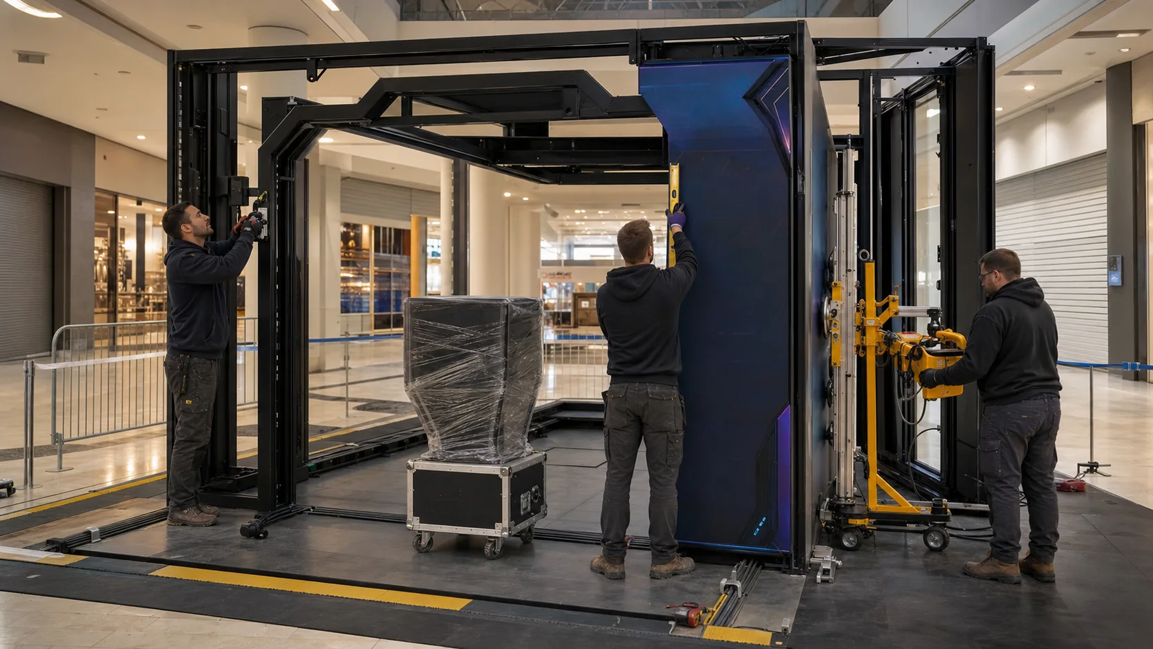 Tecnici durante il montaggio della struttura Tholus Arcade