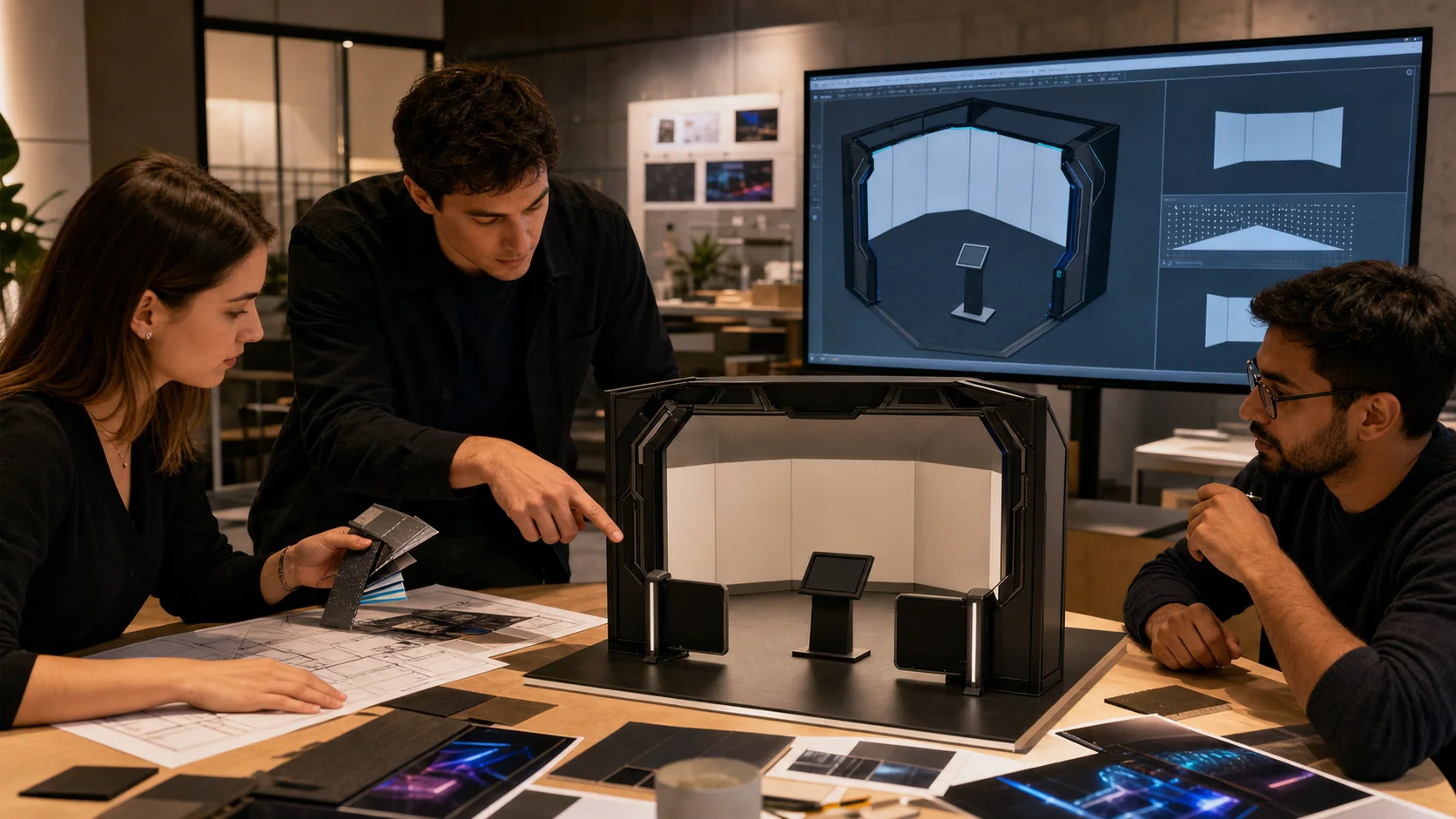 Progettisti al lavoro sul modello fisico e digitale di Tholus Arcade