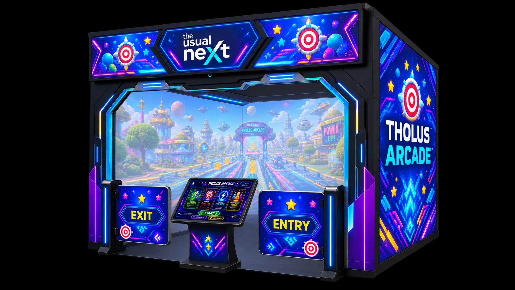 Visualizzazione di progetto della struttura Tholus Arcade con tre schermi panoramici e kiosk centrale