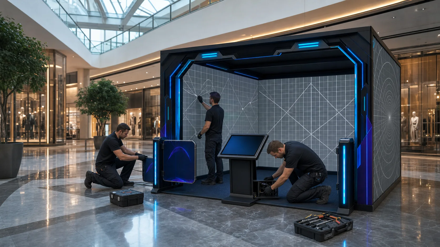 Tecnici che installano e calibrano Tholus Arcade nella location
