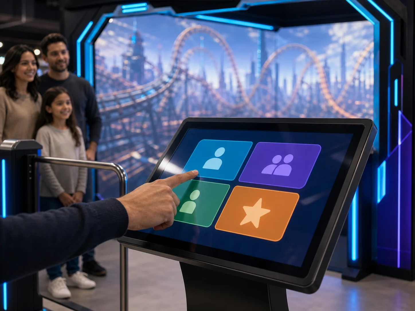 Mano sul kiosk centrale di Tholus Arcade con il gruppo in attesa