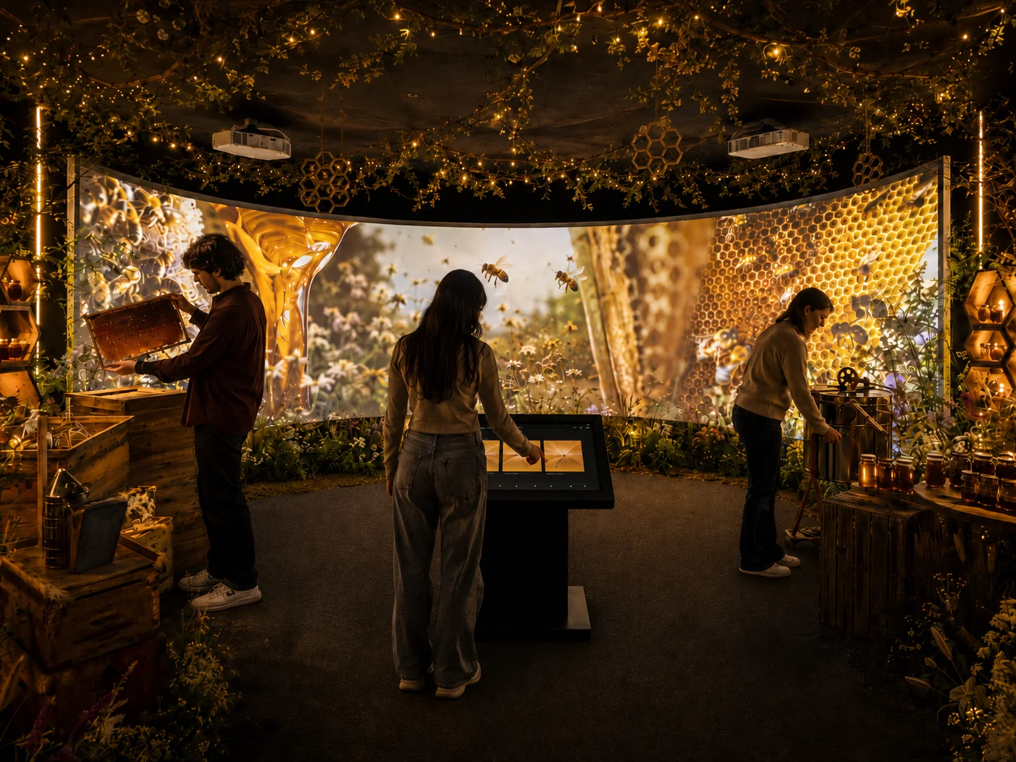 Concept Stanza dei Racconti per Il Dolce Alveare con telaio, smielatore, vasetti, kiosk e proiezione panoramica sull’alveare