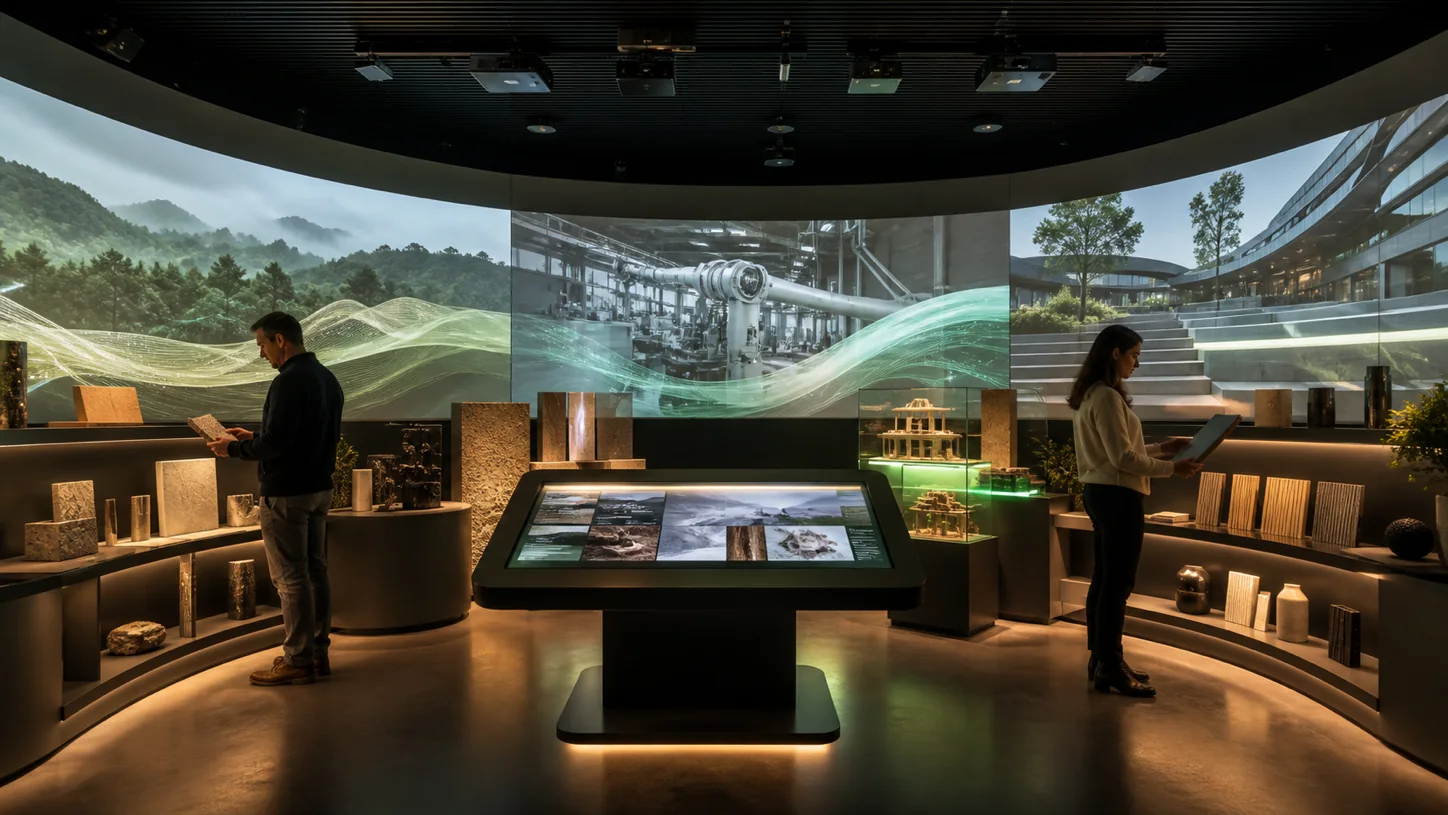 Stanza dei Racconti generica con schermo panoramico, scenografia, materiali, oggetti aziendali e kiosk interattivo
