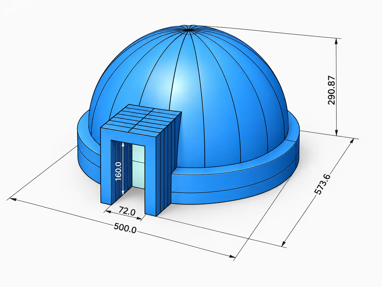 Schema dimensionale del produttore per Tholus Air 5 metri con cupola e ingresso