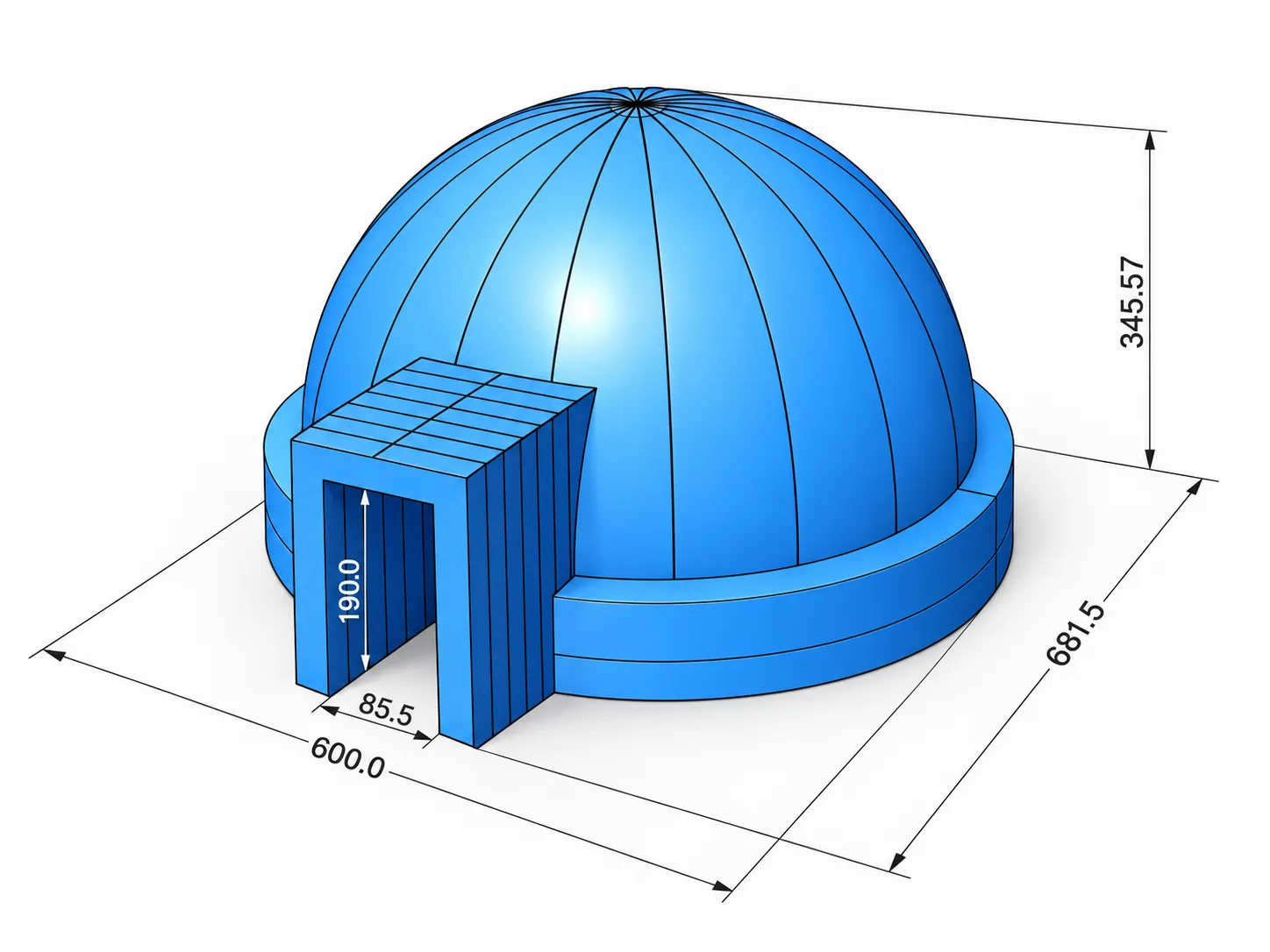Schema dimensionale del produttore per Tholus Air 6 metri con cupola e ingresso
