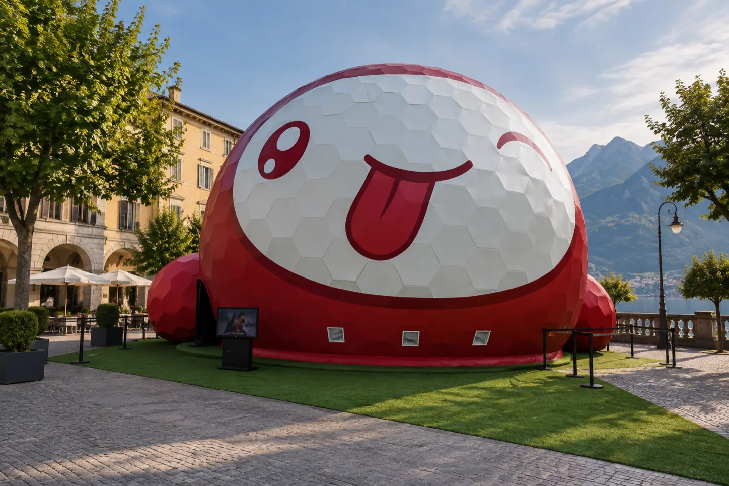 Concept di cupola rossa e bianca con volto stilizzato per un evento pubblico