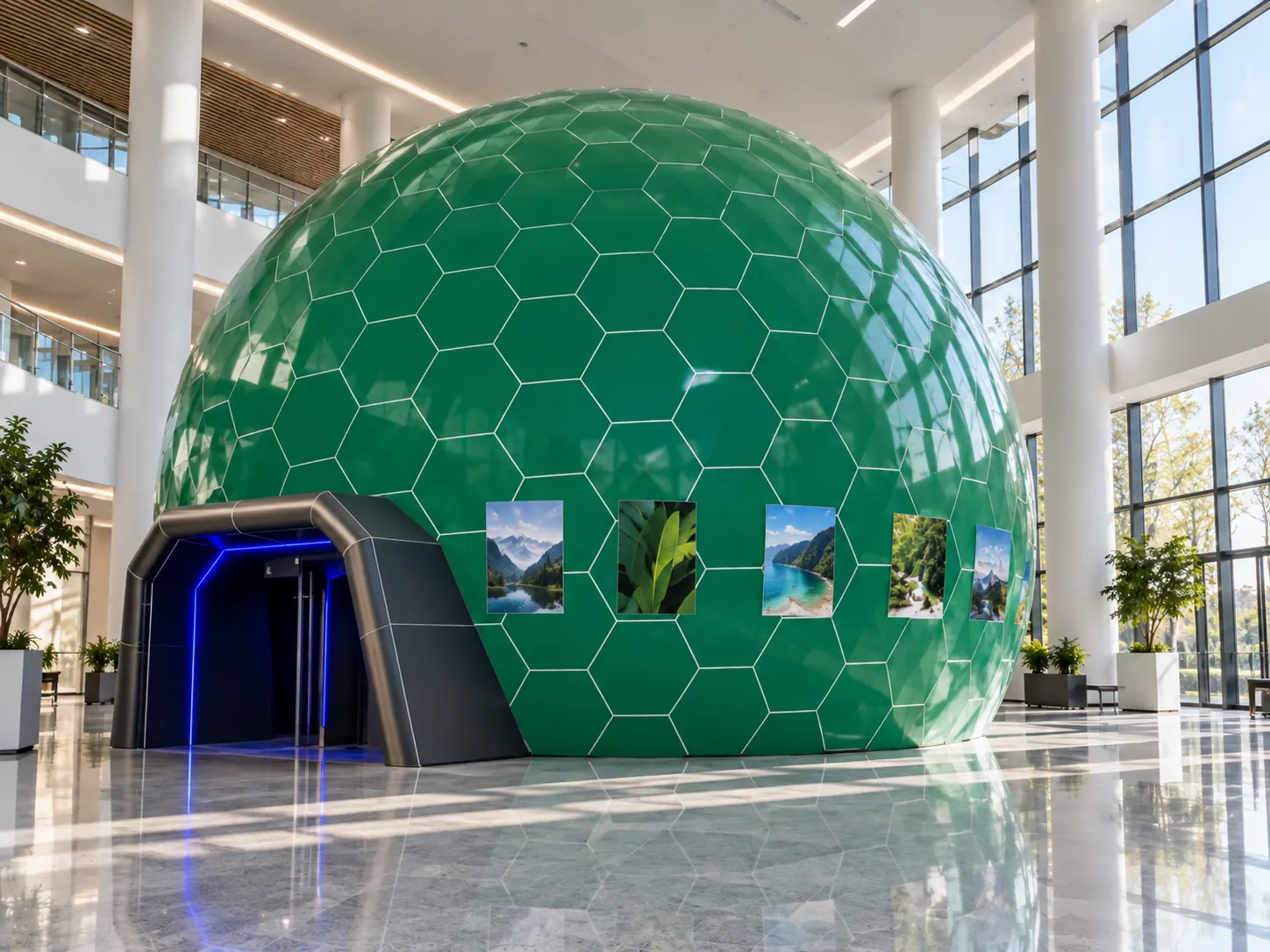 Concept di cupola verde sfaccettata con ingresso illuminato in un atrio