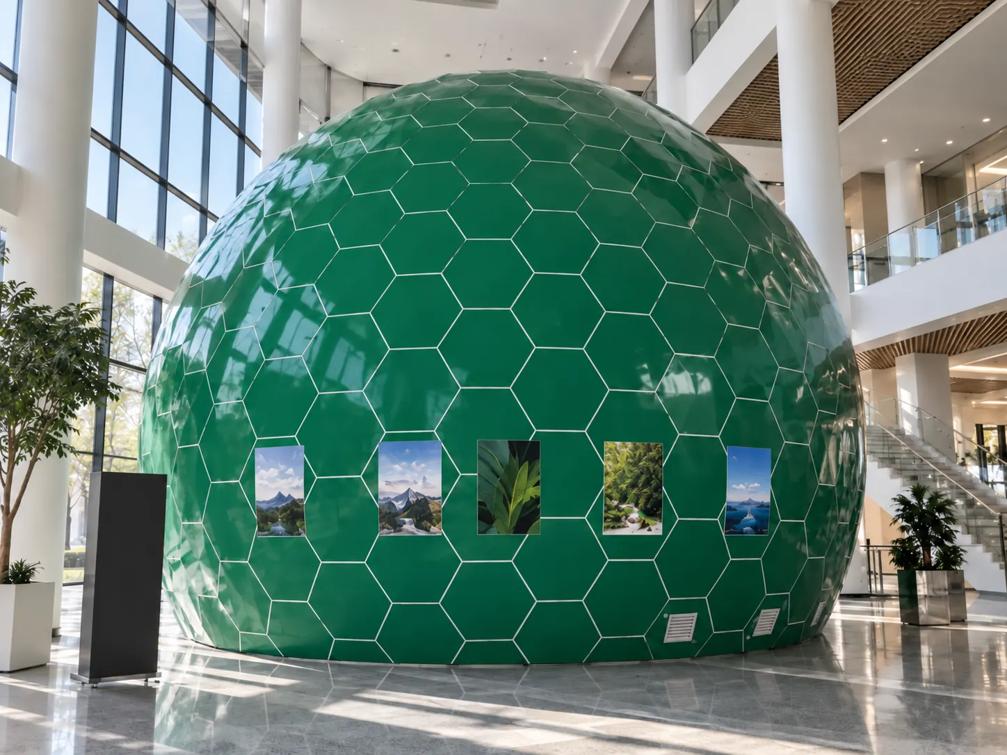 Concept di cupola verde sfaccettata in un atrio, vista frontale