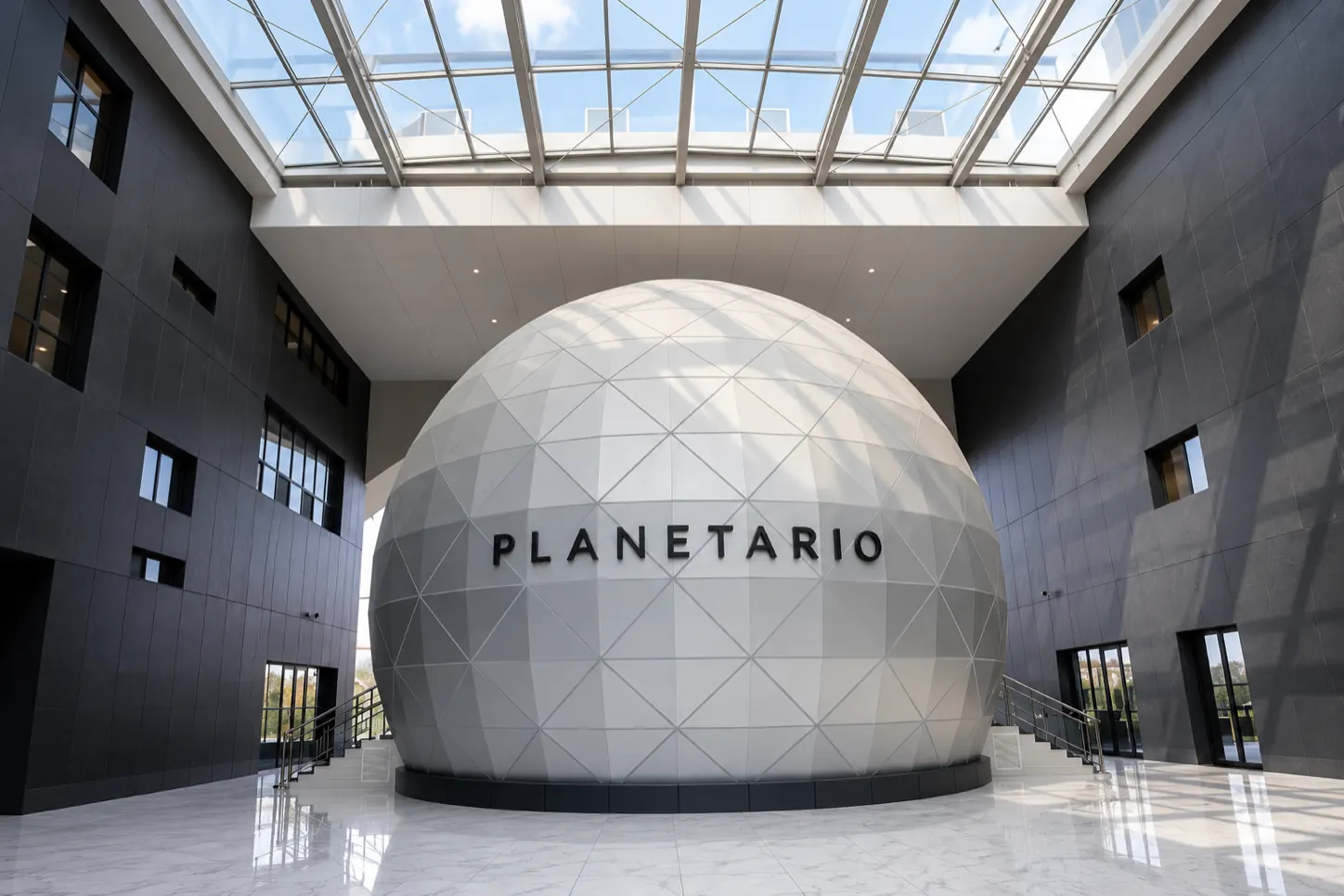 Concept di planetario bianco installato nell’atrio di un edificio