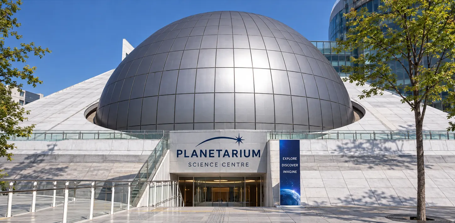 Concept di planetario scuro integrato nel tetto di un edificio