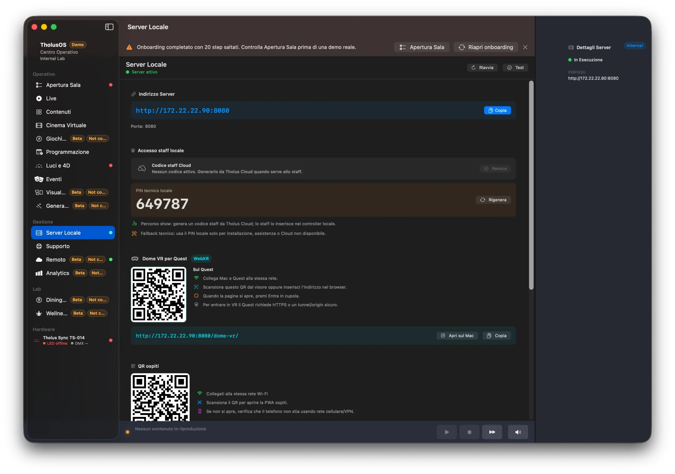 Pannello del server locale e accessi di TholusOS