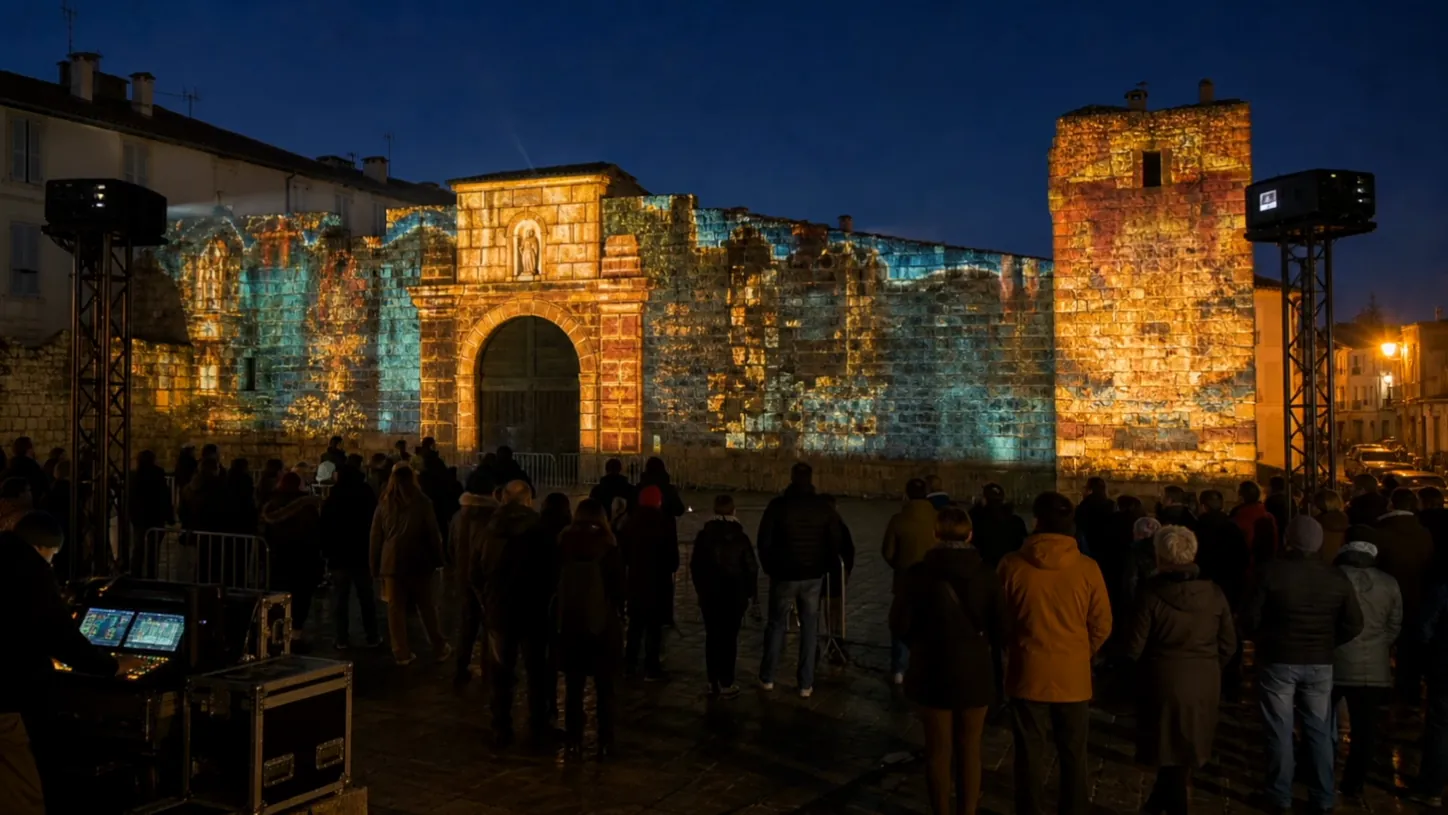 Videomapping sulle mura storiche davanti al pubblico durante un evento serale