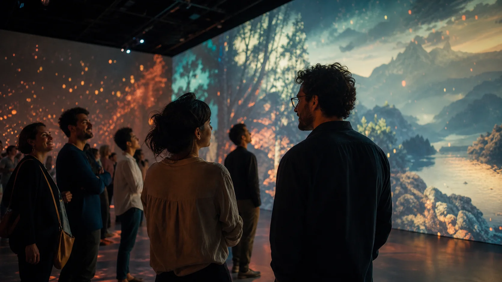Gruppo di persone vive un’esperienza immersiva condivisa senza visori