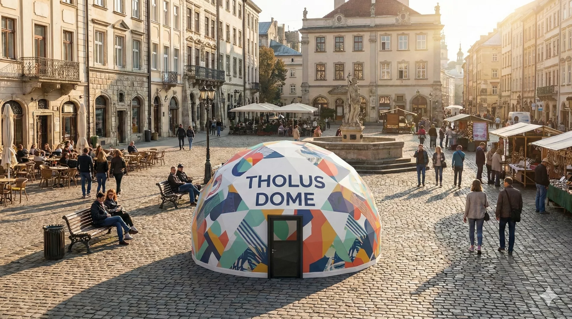 Cúpula inmersiva de colores instalada en una plaza europea